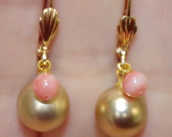 Angel Skin Pink Coral & Smooth Gold Ball Lever Back Earrings