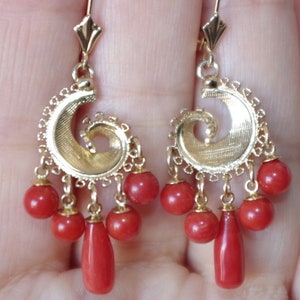 Antique 14K Italy Red Blood Coral & 14K GF Peacock Tassel Leverback Earrings AA