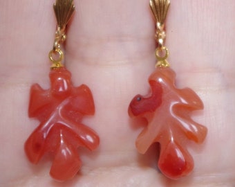 Antique 14K GF Carved Leaf Carnelian Leverback Earrings NN