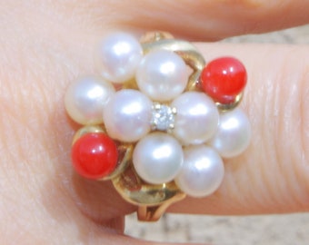 Wonderful Vintage Antique Geometric Art Deco Carved Coral Cameo Ring 10K Gold Mom Sister Wife Gift Great Gatsby Hand Italian Karat Bridal