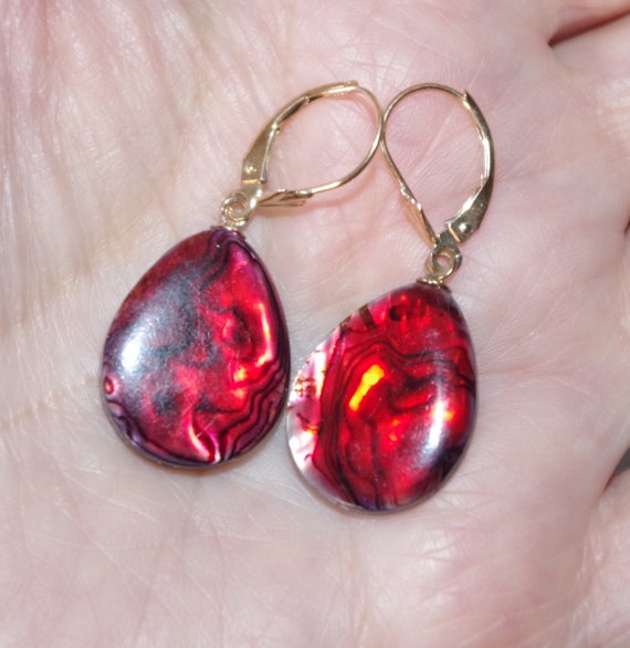 Red Faceted Abalone Shell Tear Drop Lever back Ea… - image 9