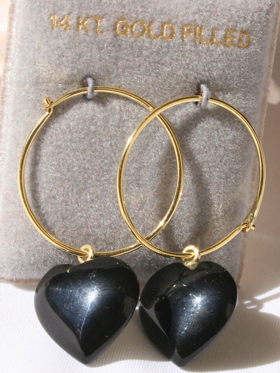 14K GF Hoop Earrings With Carved Heart Onyx Signed