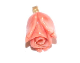 Ciondolo antico raro in oro 14 carati, grande, color salmone, Momo, Giappone, con fiore di rosa rosso intagliato, 17 mm