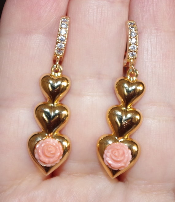 Carved Angel Skin Rose Coral Heart Drop Earrings:… - image 1