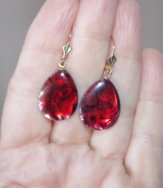Red Faceted Abalone Shell Tear Drop Lever back Ea… - image 8
