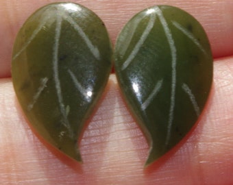Vintage Genuine 14K GF Carved Leaf Green Jadeite Jade Stud Earrings AA
