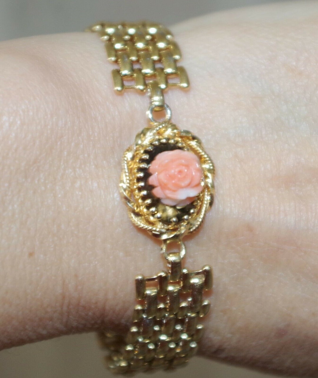 Handmade & Salmon Carved Rose Coral Mesh 14k GF