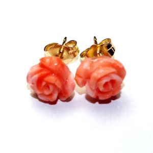 14K Gold Filled Coral Rose Stud Earrings: Hand-Carved Angel Skin Coral