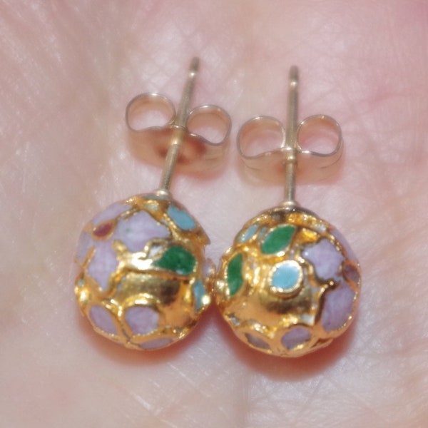 French Cloisonne 14K GF Vintage Genuine Old Stock Golden Round Bead studs