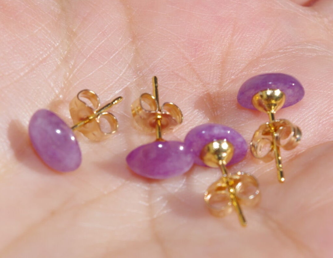 本物の14K GF ラベンダー翡翠 8mm ドームオーバルスタッドピアス