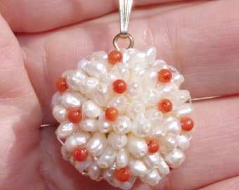 Vintage 14K Gold Seed Pearl Cluster Pendant with Italian Coral