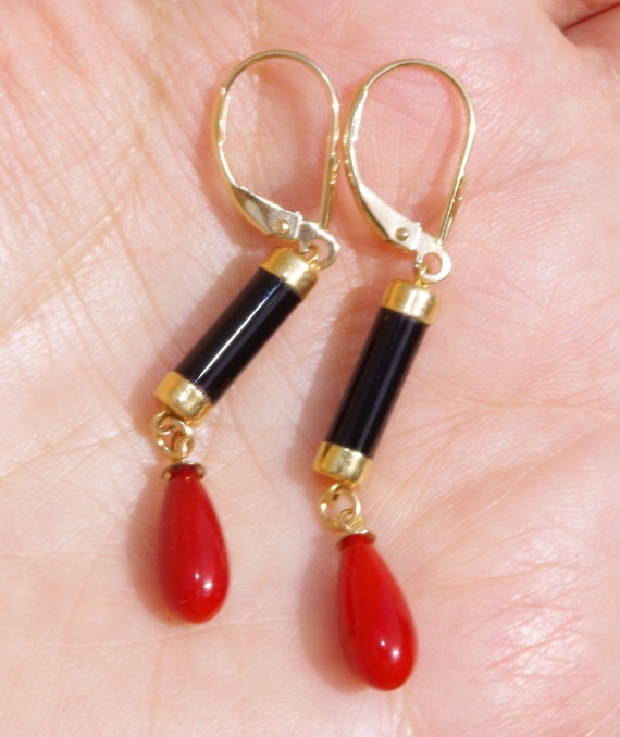 Handmade Genuine 14K Black Onyx & Italian Red Cor… - image 1