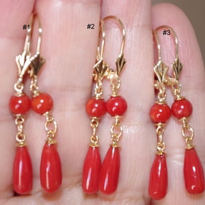 14K HandMade Undyed Ox Red Italian Coral 40MM Tear Drop Leverback Earrings