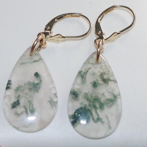 Large Moss Agate Drops, Solid 14k Gold leverback Earrings