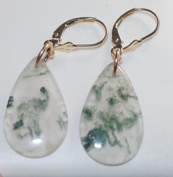 Large Moss Agate Drops, Solid 14k Gold leverback … - image 1