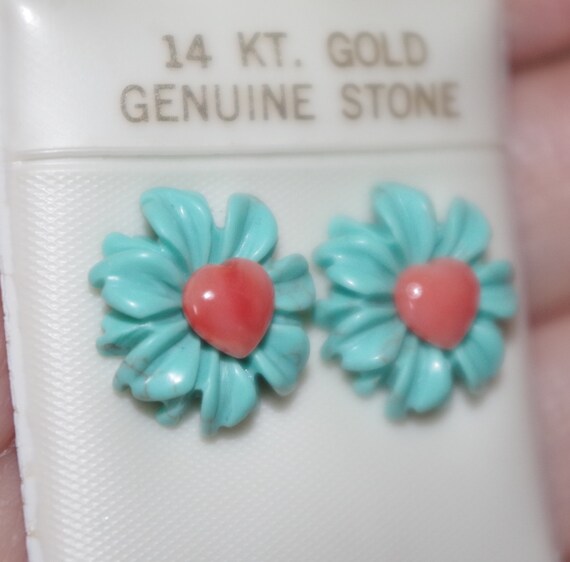 14K Turquoise Carved Flower Jackets With Dome Hea… - image 2