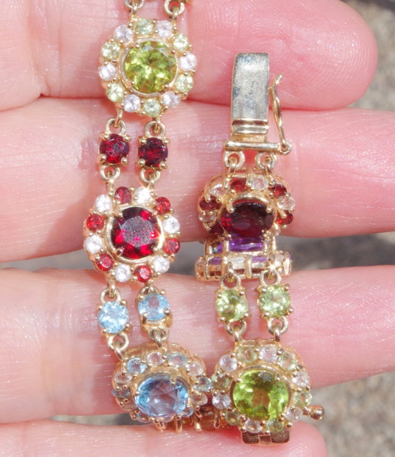 Vintage 10K Flower Double Row Tennis Bracelet Multi Colour