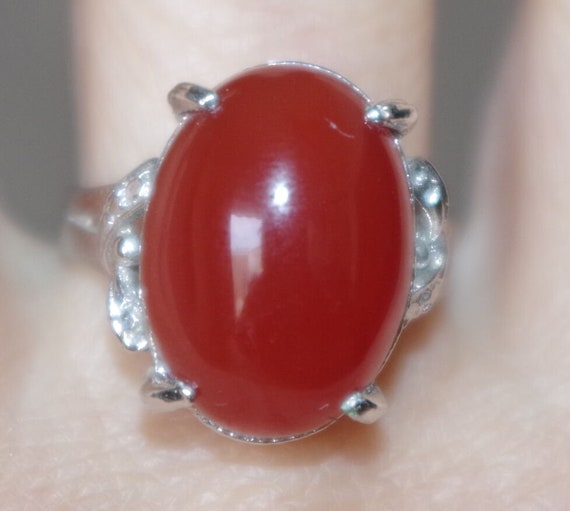 Vintage Sterling Plated Quality Large Oval Red Ag… - image 1