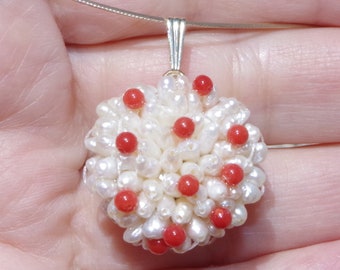 Vintage 14K Seed Pearl Cluster Pendant with Italian Coral