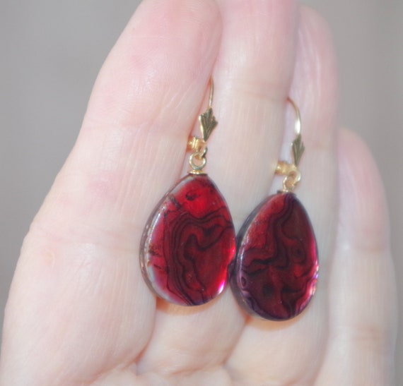Red Faceted Abalone Shell Tear Drop Lever back Ea… - image 6