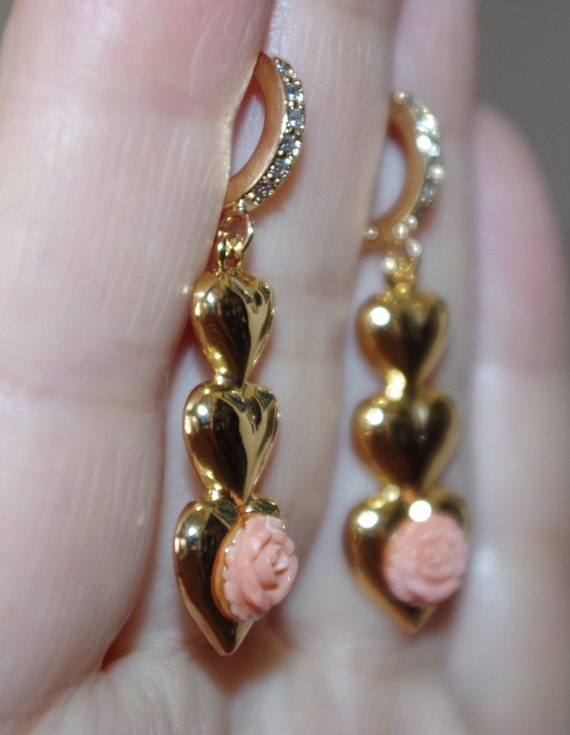 Carved Angel Skin Rose Coral Heart Drop Earrings:… - image 4