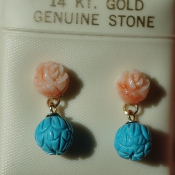 14K Angel Skin Coral Rose Stud Earrings With Slee… - image 3