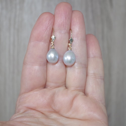 Quality shops Japan 14K Gray White 27MM Teardrop Cultured Pearl Leverback Earrings
