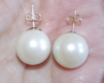 14 MM Large Majorca  Old Stock   Quality White  Round Pearl Stud Earrings