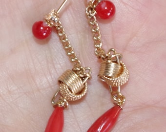 Pendientes de botón y de lágrima de coral rojo fantasía Chi-Aka de 5 mm, raros, japoneses, de oro de 14 quilates.