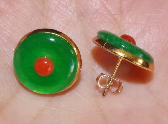 15MM Round Green Jade & 4MM Italian Red Coral 14K… - image 6