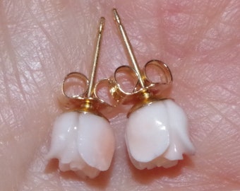 Vintage 14K GF Petite 6MM Angel Skin Coral Soft Blush Pink Carved Rose Stud Earrings