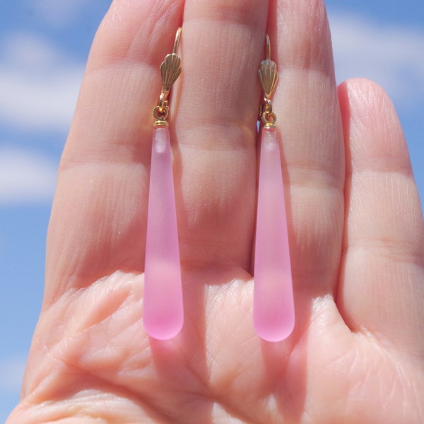 Gorgeous Pink Satin Frosted Lucite Elongated Teardrop Earrings In 14K GF