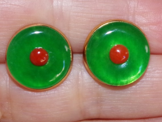 15MM Round Green Jade & 4MM Italian Red Coral 14K… - image 3