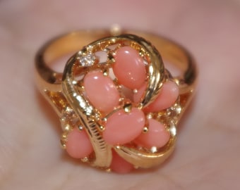 Vintage Angel Skin Pink Coral Cluster Ring - 18K Gold Filled, Size 8