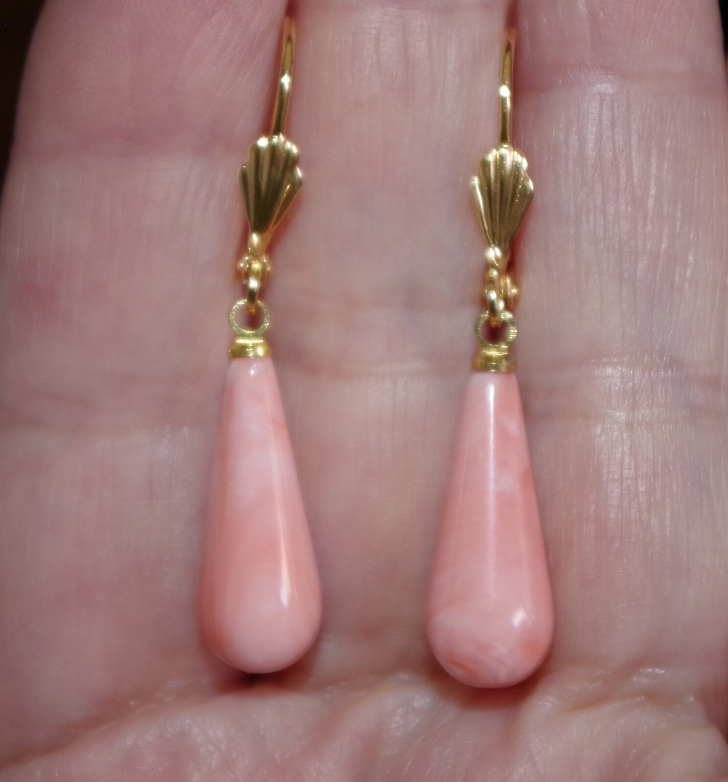 14K GF Angel Skin Pink Carved Molded Coral Leverback Tear drop Earrings