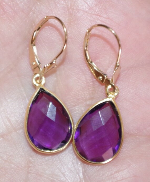 14K Gold Amethyst Teardrop Earrings: Faceted Leve… - image 8