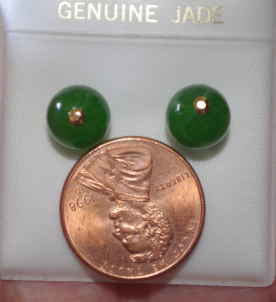 Genuine 14K GF Green Jadeite jade  8MM Round Stud… - image 8