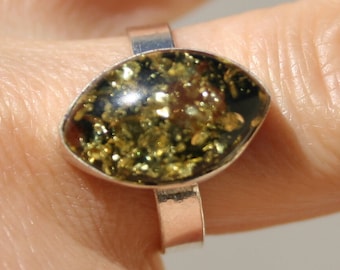 Anillo de ámbar negro en plata de ley: piedra preciosa turca ovalada, talla 7 3/4