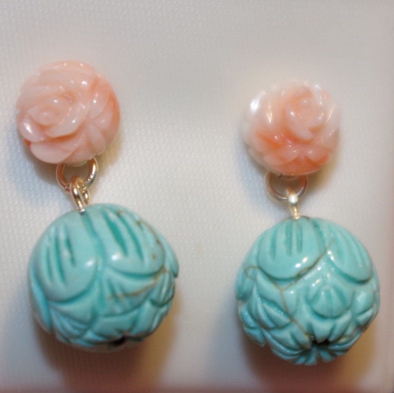 14k Angel Skin Carved Rose Coral Stud Earrings Wi… - image 1