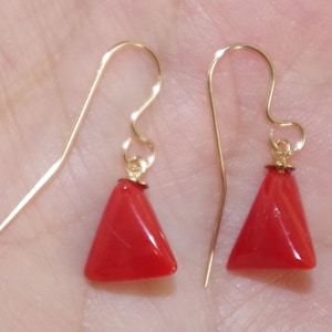 14K Un dyed Red Italian Coral Triangle Drop Dangle Ear Wire Earrings