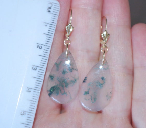 Large Moss Agate Drops, Solid 14k Gold leverback … - image 7