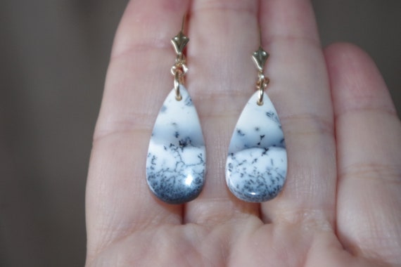 Large Dendrite Opal Drops, Solid 14k Gold lever b… - image 5