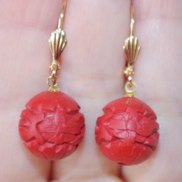 Cinnabar Carved Focal Point Ball Lacqur 14K GF Leverback Earrings