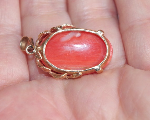 14K Antique Large Carved Red Momo  Coral Pendent - image 7