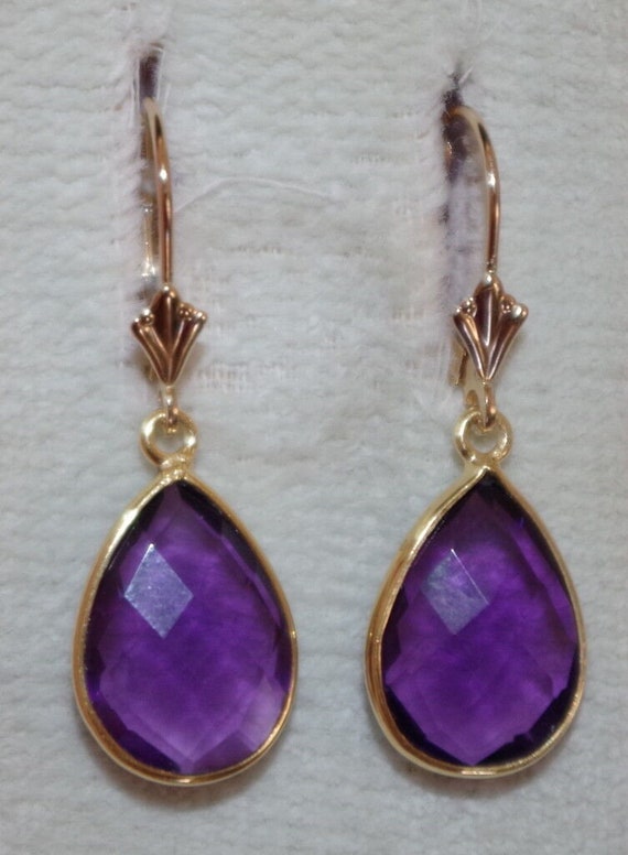 14K Gold Amethyst Teardrop Earrings: Faceted Leve… - image 4