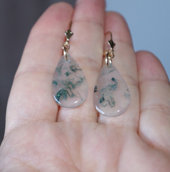 Large Moss Agate Drops, Solid 14k Gold leverback … - image 6