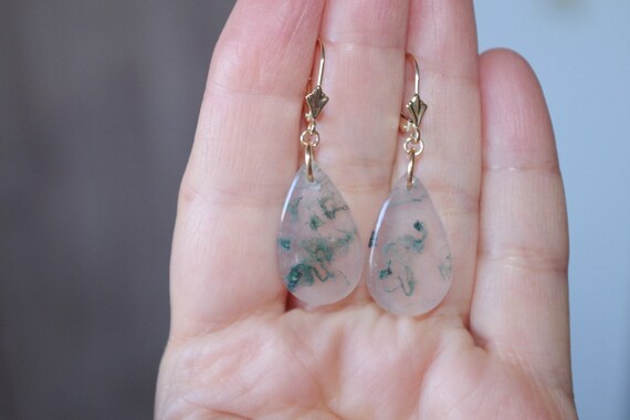 Large Moss Agate Drops, Solid 14k Gold leverback … - image 4