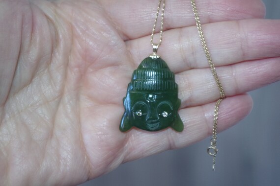 Handmade Exquisite Kwan Yin 14K Carved Green Jade… - image 5