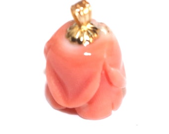 Ciondolo antico raro in oro 14 carati, grande, color salmone, Momo, Giappone, con fiore di rosa rosso intagliato, 19 mm