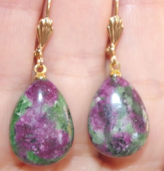 Ruby Zoisite Teardrop Elongated Leverback Earring… - image 1